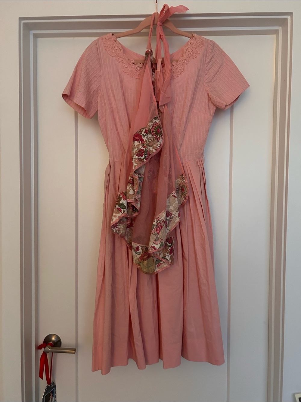 Vintage Pink Short-Sleeve Midi Dress with Floral Apron